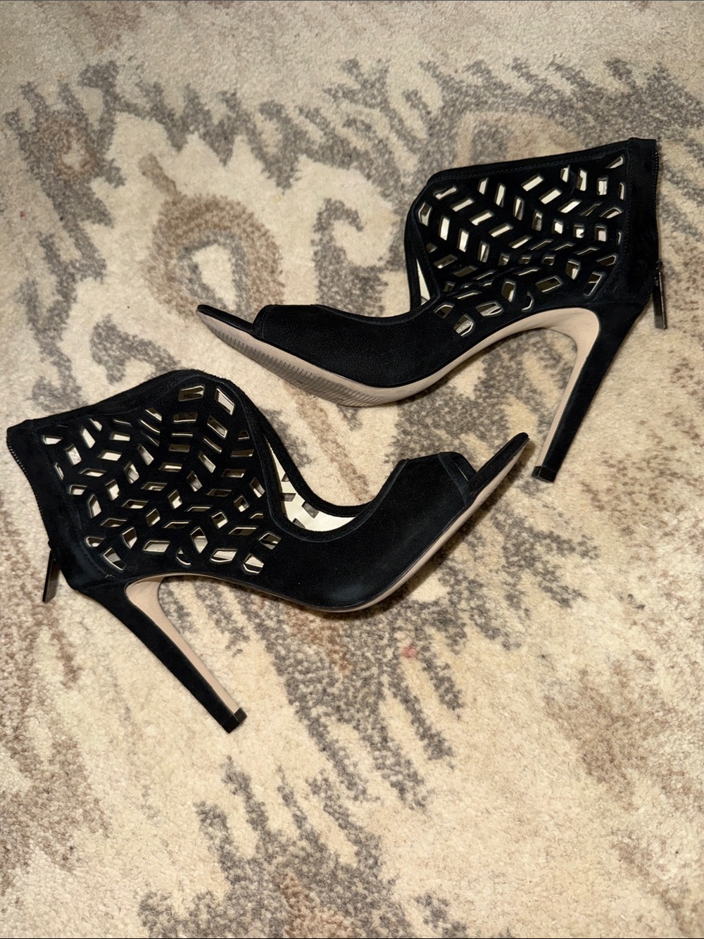 BCBG Black Cutout Stiletto Heel Suede Booties 7